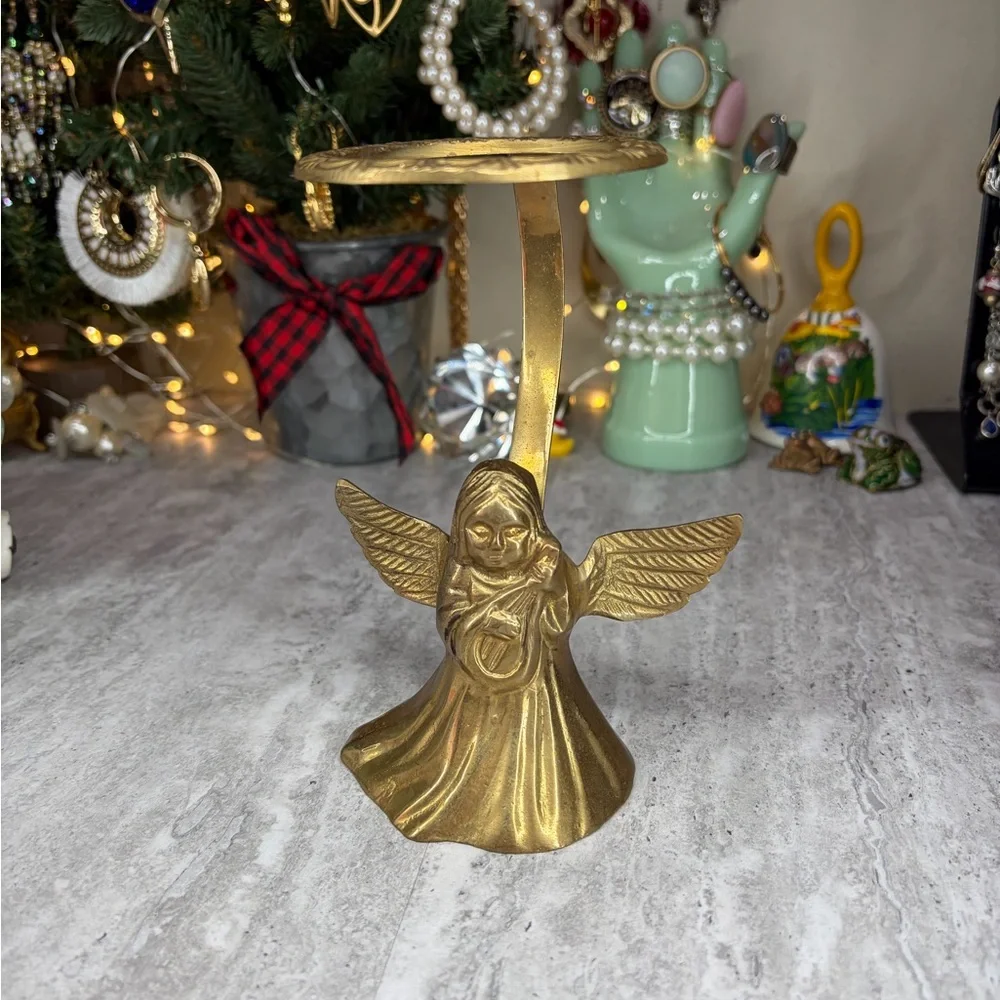 Vintage Brass Angel Lantern Candle Holder Glass Votive Tea Light Holder MCM